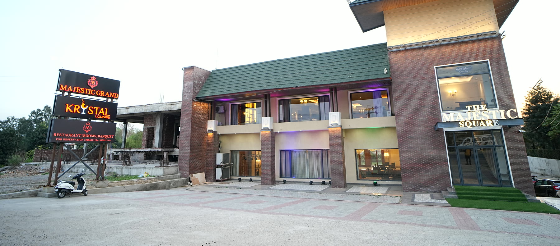 The Majestic Square frontage on Akhnoor Road, with the Majestic Grand and Krystal Lounge signs at the gate